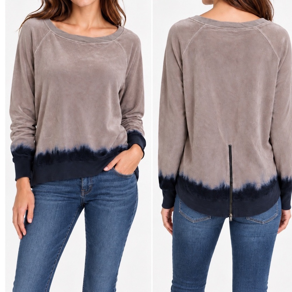 Pam & Gela Taupe Black Color Fade Velour Back Zip Sweatshirt Small